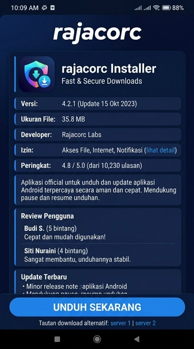 Tampilan halaman APK rajacorc